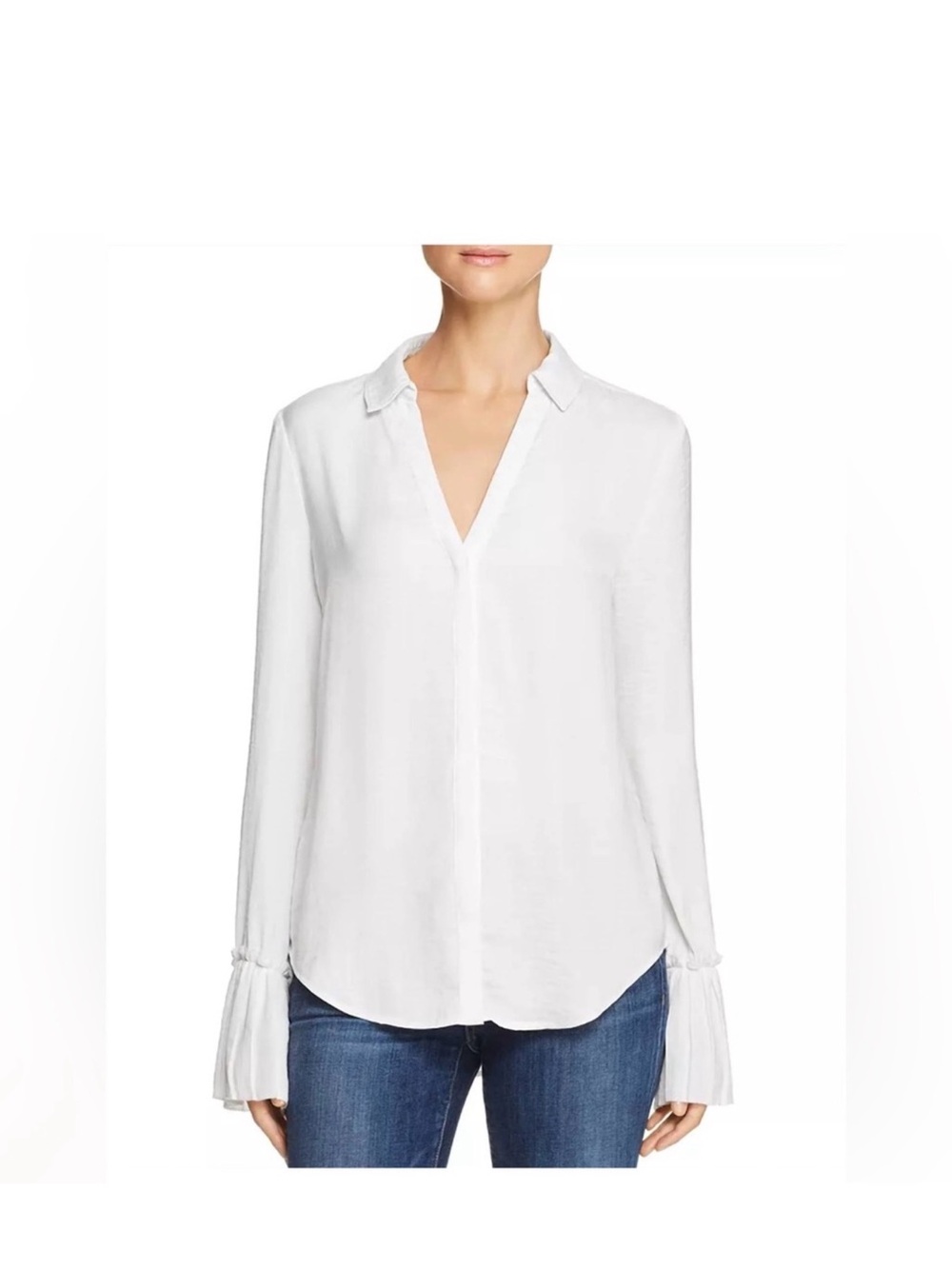 PAIGE White V-Neck Long Sleeve Blouse with Pleated Cuffs
